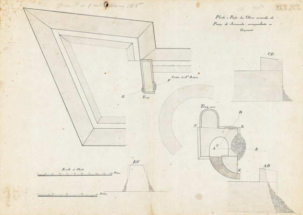 Architektonischer Plan eines Opernhauses aus dem Jahr 1845 mit einer Ecke mit einem Loch und detaillierten Zeichnungen und Text.