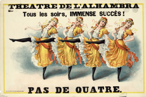 Ein Plakat für das Théâtre de l'Alhambra in Paris, Frankreich, das eine Gruppe von Frauen in bunten Kleidern mit strahlenden Gesichtern beim Tanzen zeigt.