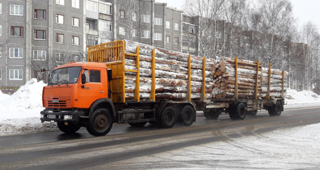 Ein Lastwagen mit Holz fährt auf einer verschneiten Straße mit Bäumen, Gebäuden mit Fenstern und einem klaren Himmel im Hintergrund.