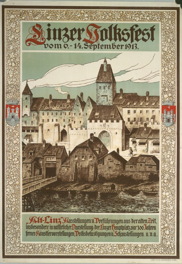 Alter deutscher Festivalplakat mit einer Illustration eines Schlosses umgeben von Häusern und Text mit Festivaldetails.