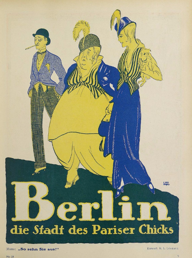 Plakat für ein Konzert in Berlin, Deutschland, das eine Gruppe von Menschen in bunter Kleidung vor einem Gebäude zeigt, mit dem Text "Berlin - Die Stadt der Pariser Chicks" oben drauf.