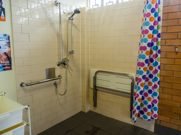 Barrierefreies Badezimmer mit Dusche, Handläufen, Vorhang, Wandpostern, einem Ständer mit Tablett und einem Fenster.
