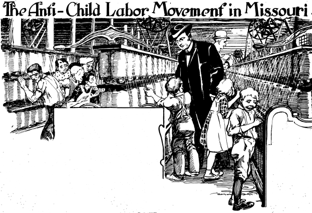 Plakat für die Anti-Kinderarbeit-Bewegung in Missouri, das eine Gruppe von Menschen in traditioneller Kleidung zeigt, einige stehen, einige sitzen, mit Text oben und unten.