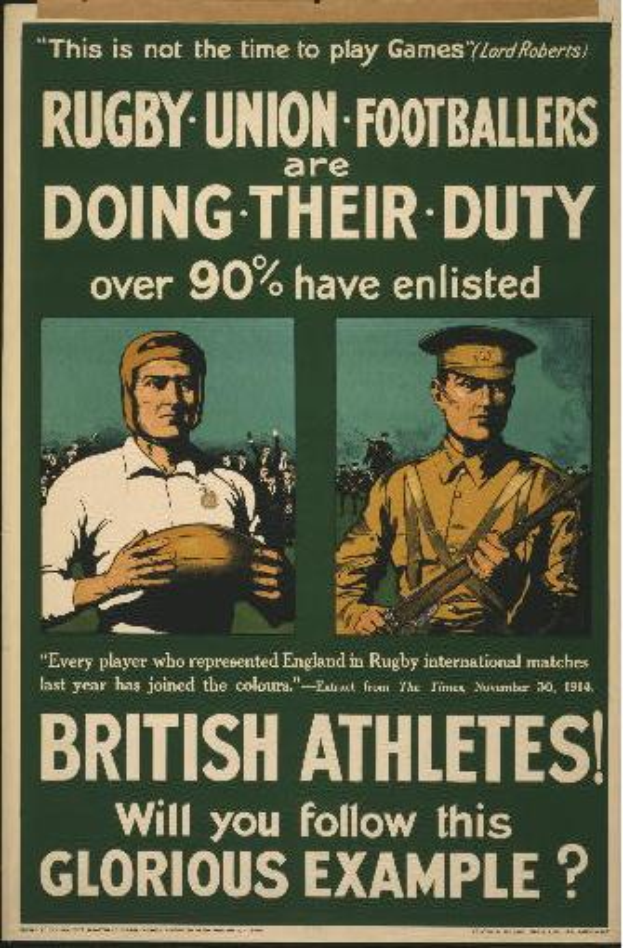 Ein Vintage-Plakat mit zwei Rugby-Union-Fußballern, das ihre Einberufung in den Dienst ankündigt und darauf hinweist, dass über 90 % der britischen Athleten eingezogen sind.