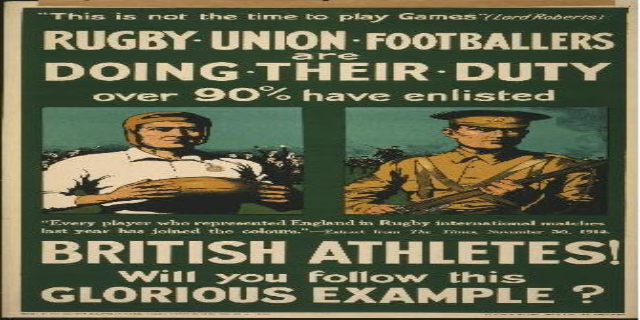 Ein Vintage-Plakat mit zwei Rugby-Union-Fußballern, das ihre Einberufung in den Dienst ankündigt und darauf hinweist, dass über 90 % der britischen Athleten eingezogen sind.