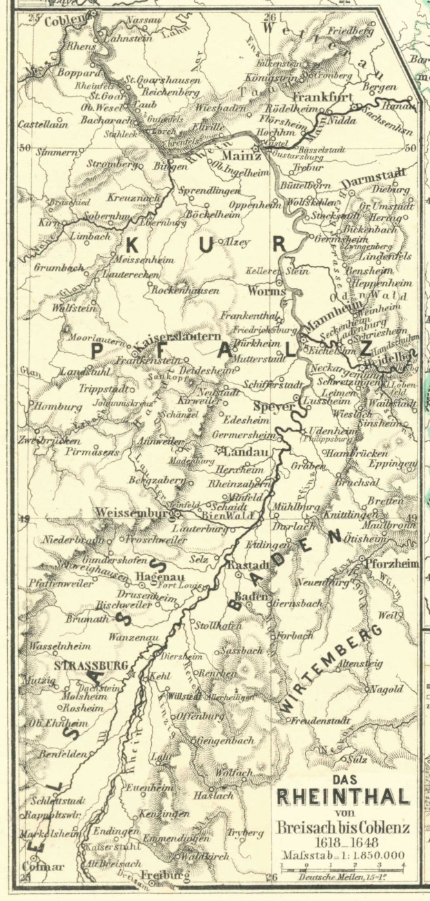 Detailiertes altes Rheinfluss-Karte von Deutschland, zeigt Flüsse, Städte und geografische Merkmale mit Text oben und unten.