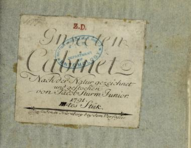 Altes Buch mit dem Titel "Z.D. Nürnberg, Deutschland, 1791" mit einem Stempel und handgeschriebener Text auf altem Papier.