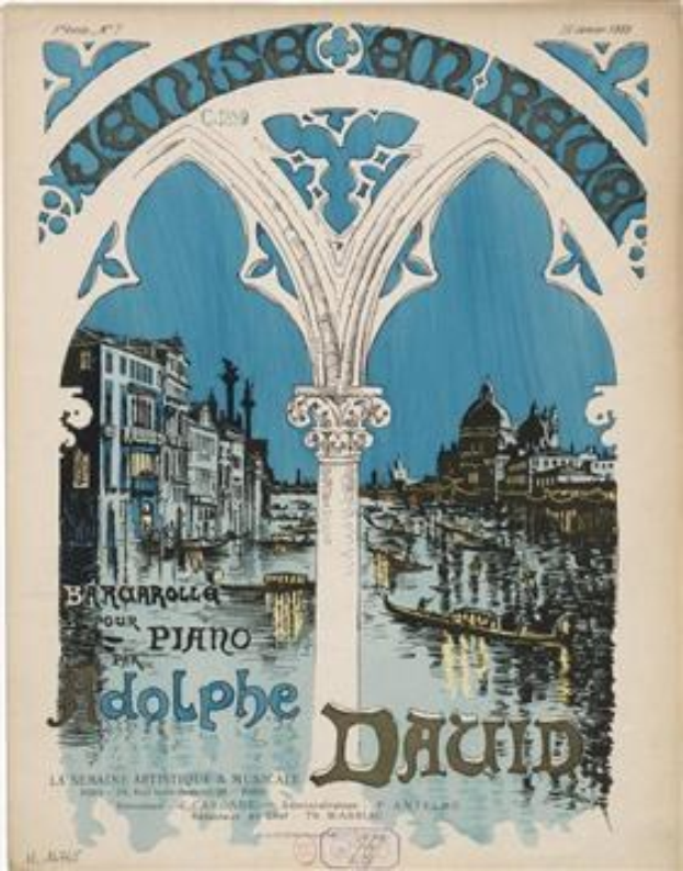 Plakat für ein Klavierkonzert in Venedig, Italien, mit einem Gemälde von Gebäuden, Wasser und einer Säule sowie Text.