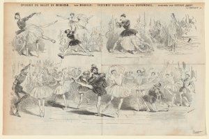 Eine Buchseite mit einer lebendigen Zeichnung einer Gruppe von Menschen, die im Einklang tanzen, begleitet von einem Text, der das Datum, die Uhrzeit und den Ort des Ereignisses beschreibt.