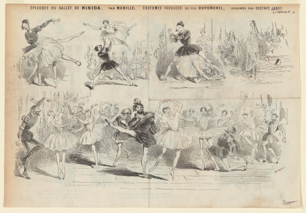 Eine Buchseite mit einer lebendigen Zeichnung einer Gruppe von Menschen, die im Einklang tanzen, begleitet von einem Text, der das Datum, die Uhrzeit und den Ort des Ereignisses beschreibt.