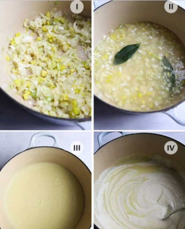 Collage aus vier Fotos, die den Suppenzubereitungsprozess zeigen: gewürfeltes Gemüse in einer Schüssel, Zutaten, die in den Topf gegeben werden, ein köchelndes Gemüsegemisch und eine fertige Schüssel Suppe, die serviert werden kann.