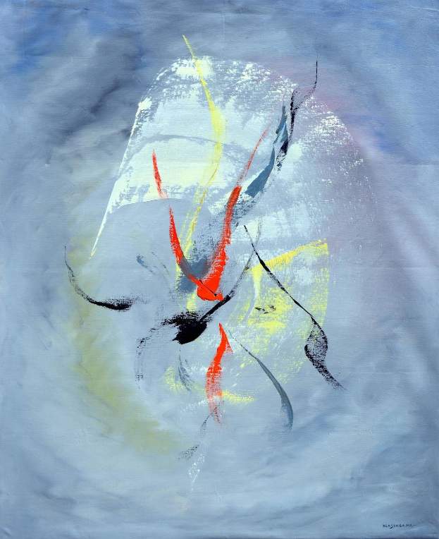 Abstrakte Malerei mit Acryl auf Leinwand, mit grauen Tönen, blauem Hintergrund und roten und gelben Akzenten.