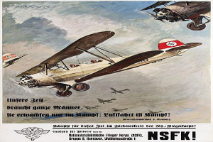 Ein deutsches Weltkriegs-Propagandaplakat mit einer Gruppe von Kampfflugzeugen im Flug, mit Text, der die Flugzeuge und ihre Fähigkeiten beschreibt.