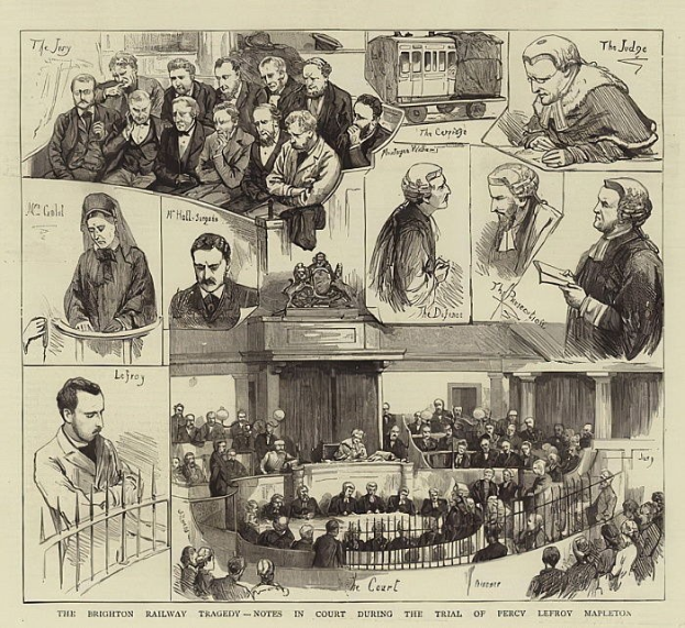 Schwarzes und weißes Gerichtszimmer mit einer Gruppe sitzender Menschen, einer Person mit einem Buch stehend und einem Zug im Hintergrund, betitelt "The Brighton Railway Tragedy - Notes in Court During the Trial of Percy Leffroy Mapleton".