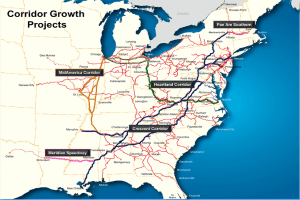 Ein Plakat mit einer detaillierten Karte der Vereinigten Staaten, die Straßen und Highways hervorhebt, mit der Überschrift "Corridor Growth Projects" in fetter, schwarzer, zentrierter Schrift auf einem hellblauen Hintergrund.