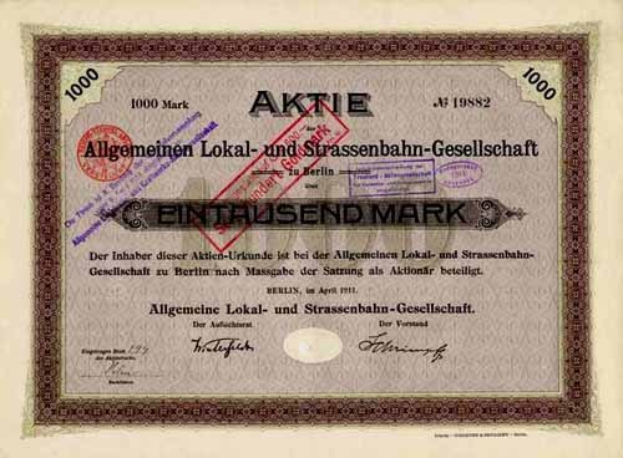 Altes deutsches Aktienzertifikat, ausgestellt von der deutschen Regierung, mit gedrucktem Text und numerischen Werten.