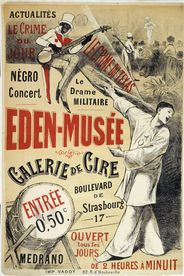 Plakat zum Eden-Musee Galerie de Cire in Straßburg, Frankreich, mit einer Person, die ein Musikinstrument spielt, umgeben von anderen Musikern, die verschiedene Instrumente spielen, mit Text zur Ereignisinformation.