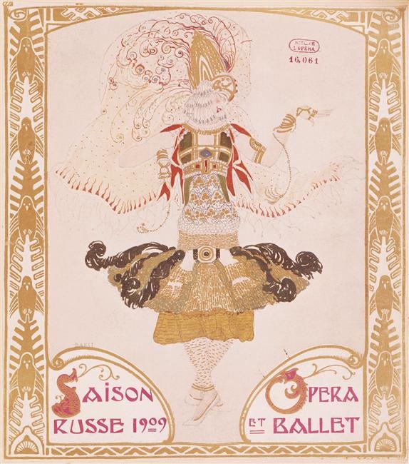 Plakat für eine 1909er Pariser Ballettvorstellung namens "Saison Russe", das eine gemalte Tänzerin in einer anmutigen Pose mit der Aufschrift "Opera et Ballet" darüber zeigt.