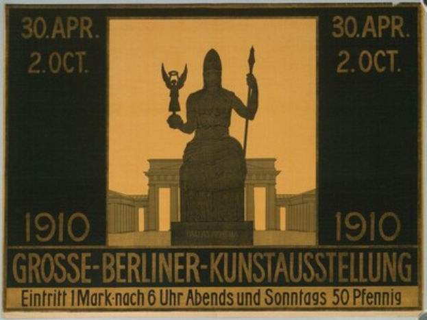 Ein Plakat mit einer Statue vor einem Gebäude, Text und Zahlen, die Informationen zum Berliner-Kunstausstellung-Event enthalten.