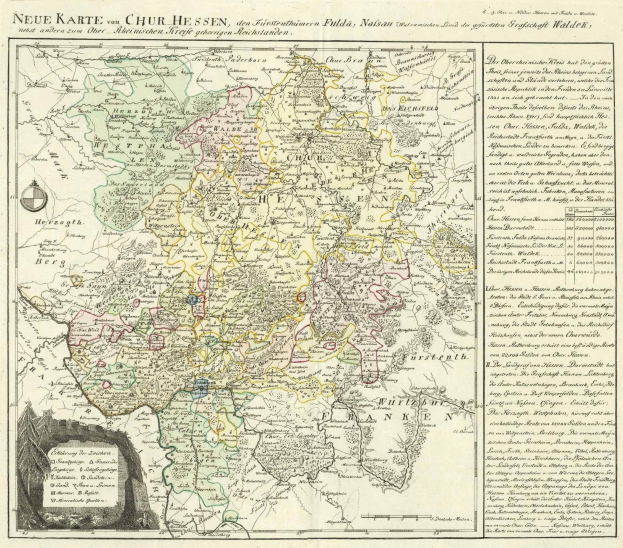 Alte Deutschlandkarte mit hervorgehobenen Gebieten von Bayern und Deutschland, auf Papier gedruckt mit handgeschriebener Text.