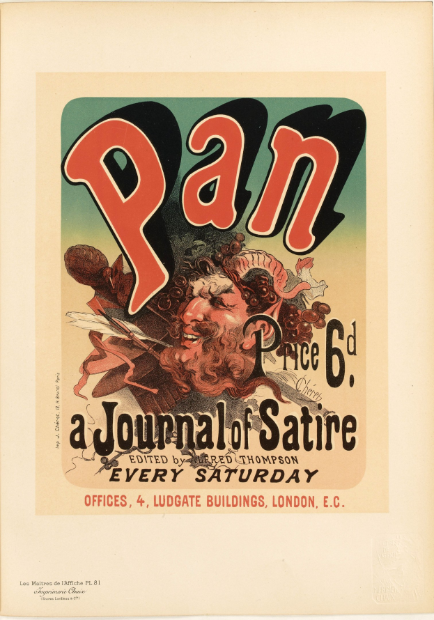 Ein Plakat mit einem Menschen mit kurzen, dunklen Haaren in einem weißen Hemd, mit einem ernsten Gesichtsausdruck und der Inschrift "Pan: Eine Satirezeitschrift" in fetter, schwarzer Schrift.