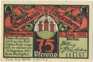 Eine alte deutsche Banknote mit einer Gebäudeillustration, dem Text "Bundesliga" und einem Logo unten auf einem weißen Hintergrund.