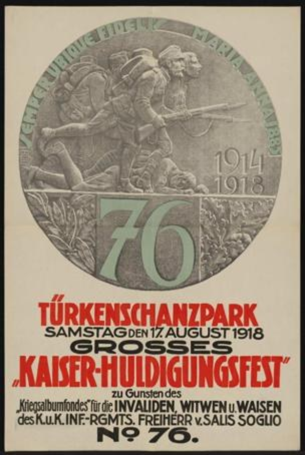 Plakat zum 70. Jubiläum des Kaiser-Huldigungsfestes in Berlin, Deutschland, mit einer Gruppe von Menschen umgeben von Text und Zahlen in einem Rahmen.