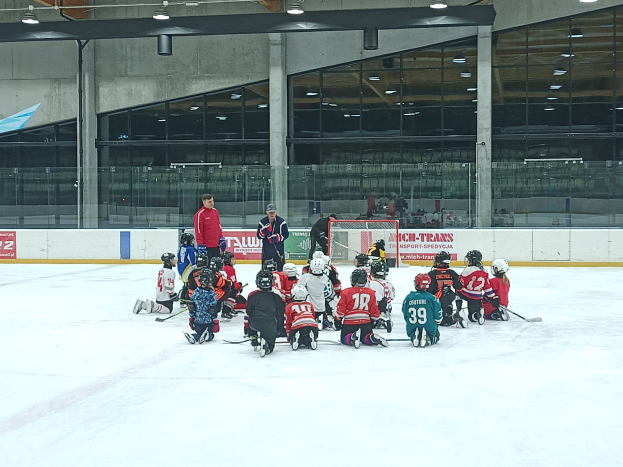 Eine Gruppe von Kindern in Helmen und mit Hockey-Schläger sitzt auf einer Eisbahn, mit einer Wand aus Glas und Säulen, Deckenleuchten und Texttafeln im Hintergrund.