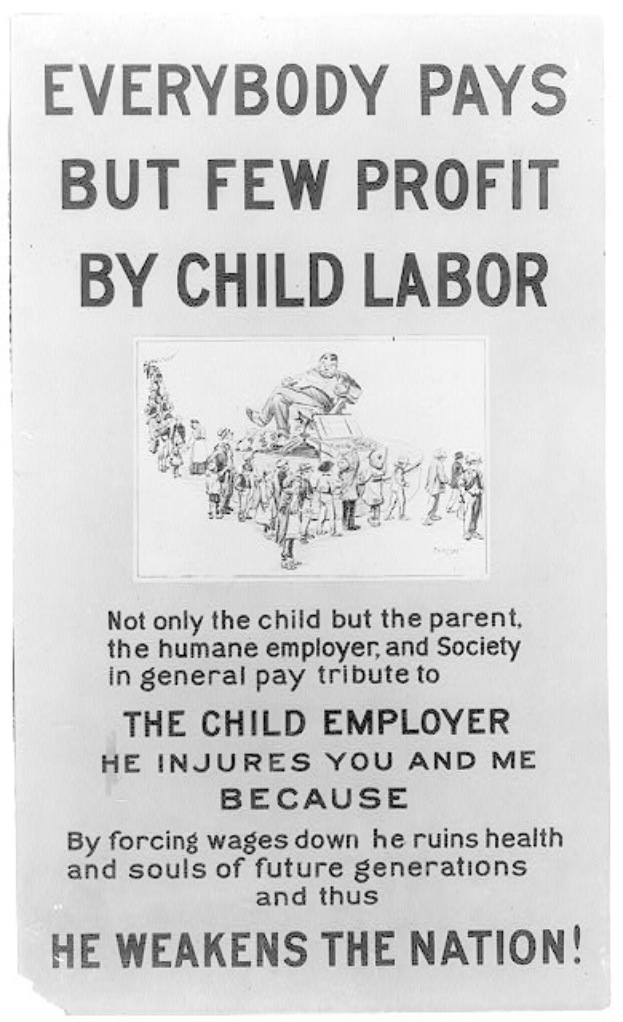 Schwarzer und weißer Plakat mit dem Text "Jeder zahlt, aber wenige profitieren von Kinderarbeit" mit einer Gruppe von Menschen.