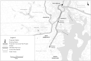 Eine Schwarz-Weiß-Karte einer Stadt mit einem Fluss, beschriftet mit "Vorgeschlagenes S-Bahn-Projekt" auf der linken Seite, zeigt Straßen, Autobahnen und andere Stadtmerkmale.
