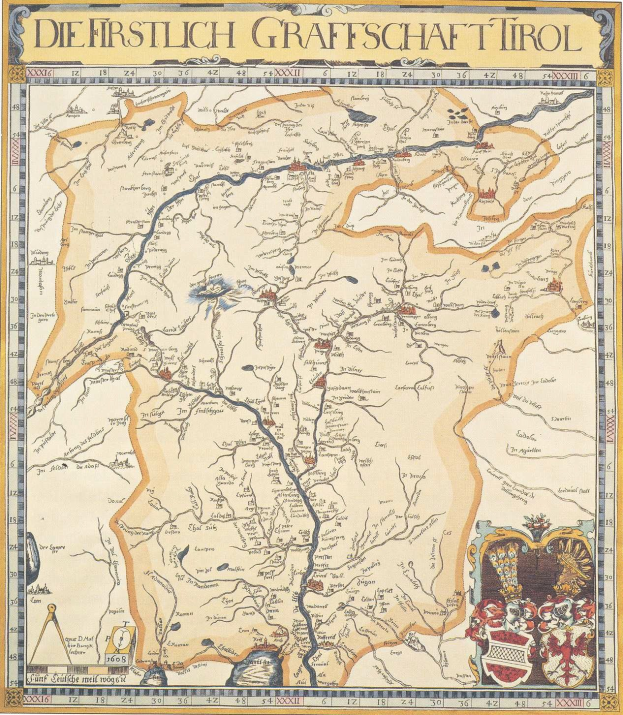 Ausf"uhrliches historisches Plakat der ersten Grafschaft Tirol mit einer Karte, die geografische Merkmale, St"adte und begleitenden Text "uber die Region und ihre Bewohner zeigt.