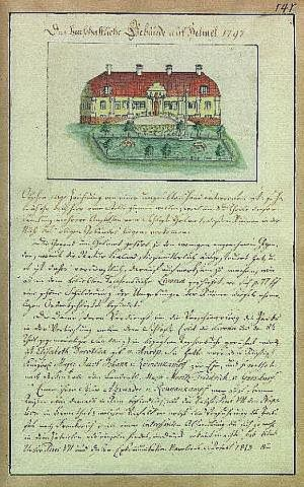 Ein Dokument aus dem Jahr 1797 mit einer detaillierten Zeichnung eines weißen Hauses mit rotem Dach, unterzeichnet von der Schleswig-Holsteinischen Schule Delmar in Deutschland, zusammen mit Text, der likely die Geschichte der Schule beschreibt.