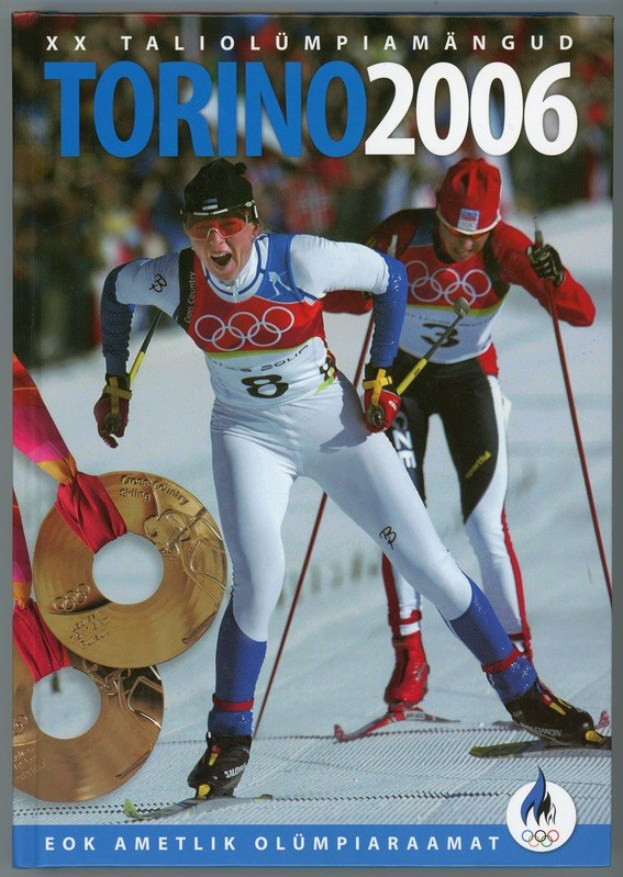 Plakat für die Olympischen Winterspiele 2006 in Turin, Italien, das zwei Skifahrer auf Schnee mit "Torino 2006" oben zeigt.