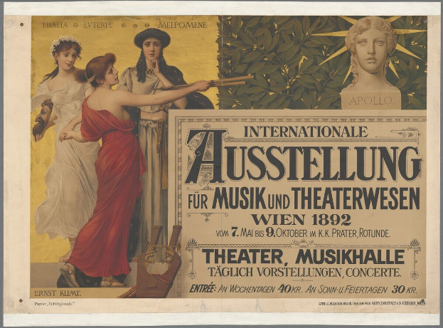 Plakat für die Internationale Ausstellung für Musik und Theaterwesen in Wien, das eine Gruppe von Menschen in einem Kreis mit einer Frau, die ein Musikinstrument hält, in der Mitte und Text über das Ereignis zeigt.