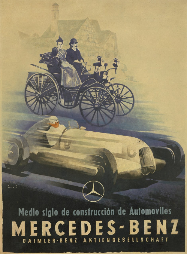 Vintage-Mercedes-Benz-Werbung aus den 1930er-Jahren mit einem Plakat, das ein Auto, zwei Personen im Inneren und ein Geb├Ąude im Hintergrund zeigt, sowie begleitenden Text.
