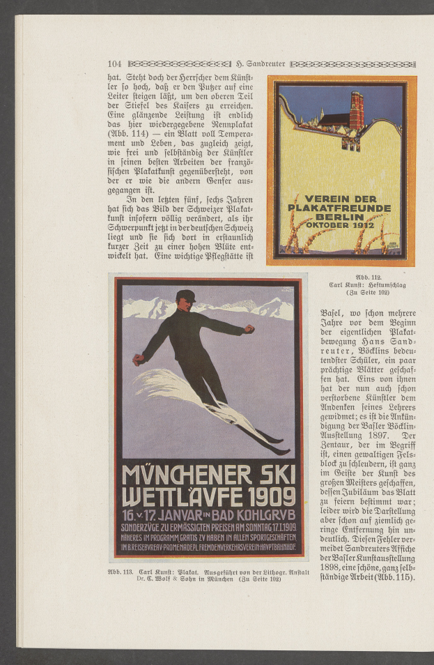 Eine Person in einem Neoprenanzug und Helm, die eine schneebedeckte Piste hinunterskifährt, mit einem hellblauen Himmel im Hintergrund, mit der Aufschrift "Münchner Skiwettläuf 1909" auf dem Plakat.