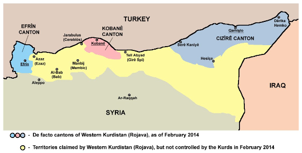 Detailierte Karte von Syrien und dem Irak, die das Ausmaß des Konflikts zwischen den beiden Ländern zeigt, einschließlich Grenzen, wichtigen Städten und Gewässern, mit begleitendem Text, der zusätzliche Kontext bietet.