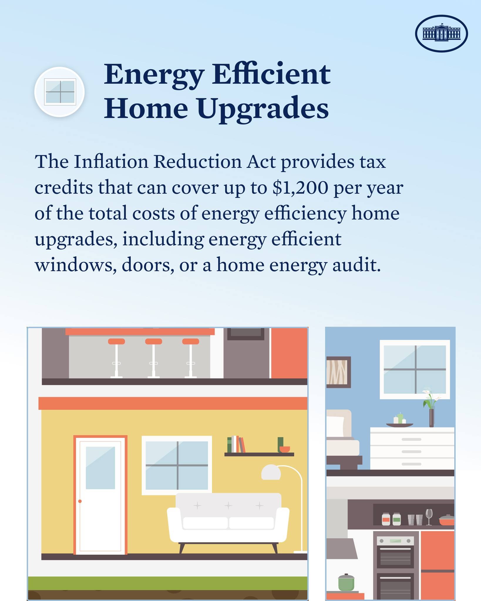 Plakat mit dem Titel "Energieeffiziente Hausumbauten" mit einer Auflistung von Steuervergünstigungen für energieeffiziente Umbauten, mit Bildern eines Hauses, einer Couch, einer Lampe, eines Schranks, einer Blume und anderen Haushaltsgegenständen.