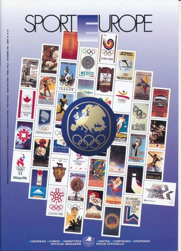 Ein Buchumschlag mit dem Titel "Sporting Europe", der farbenfrohe Olympische Spiele-Imagery aus Europa zeigt.