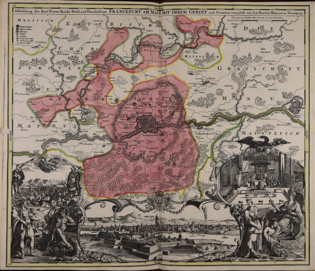 Ein altes Buch mit einer detaillierten Karte von Deutschland umgeben von Illustrationen und Text.