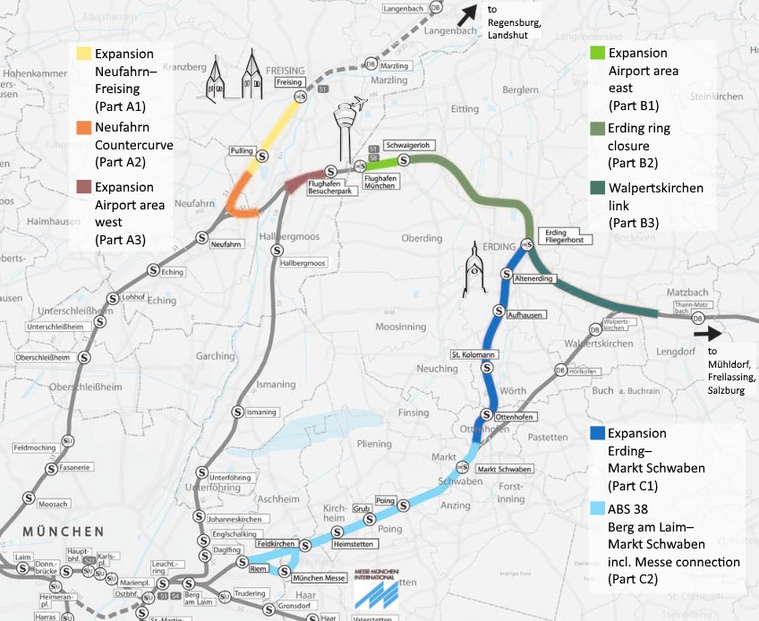 Ein detaillierter Stadtplan mit einer hervorgehobenen Bahnroute von München nach Frankfurt, einschließlich Haltestellen und Umgebung, mit zusätzlichen Bahninformationen.