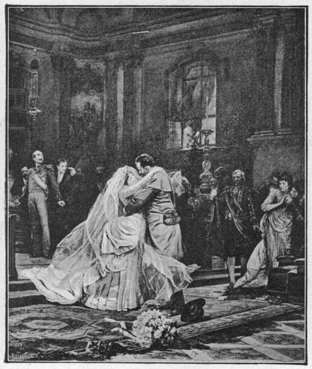 Schwarz-weiß-Foto einer Braut und eines Bräutigams, die leidenschaftlich vor einer Menge knutschen, mit einem Blumenstrauß auf dem Boden und einer Wand mit einem Fenster im Hintergrund.