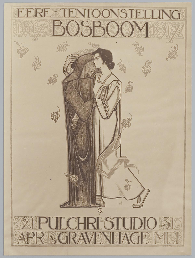 Ein Konzertplakat, das einen Mann im Anzug und eine Frau in einer Schürze zeigt, die nebeneinander stehen und beide ernst aussehen.